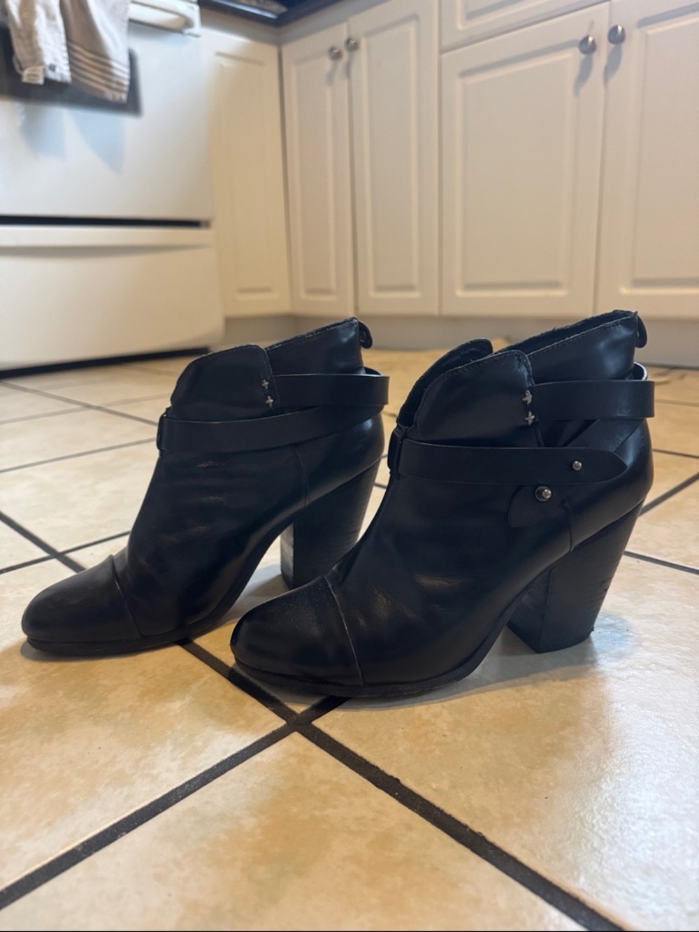 rag & bone Black Leather Heeled Ankle Boots with Wrap Strap